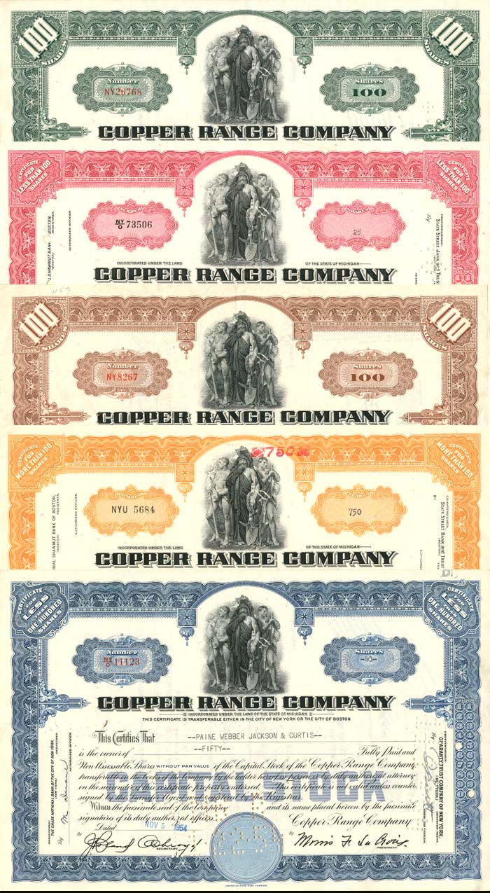 Copper Range Co. - Set of 5 Stock Certificates